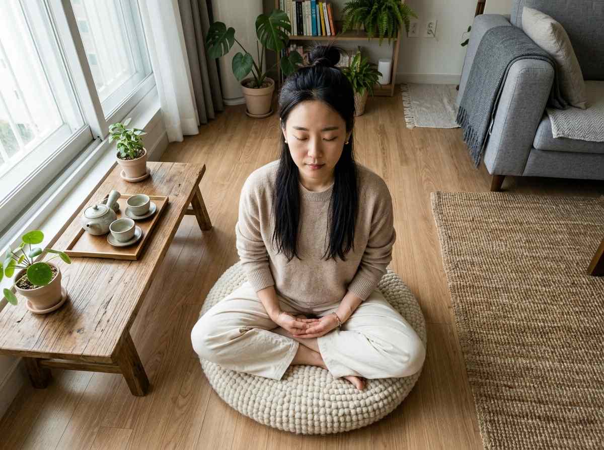 한국인 여성이 집안에서 편안한 자세로 눈을 감고 명상하는 모습
