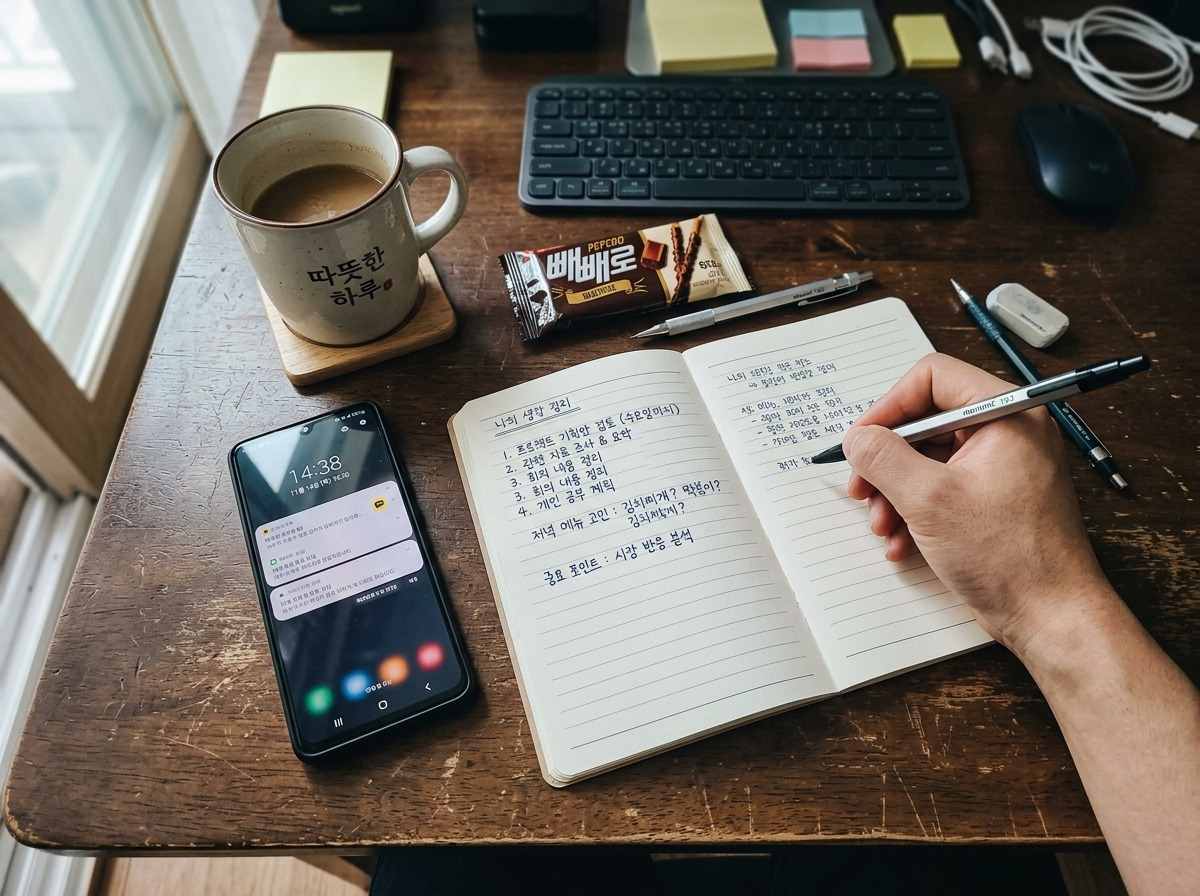 한국인 남성이 노트에 생각을 적고 검토하는 모습