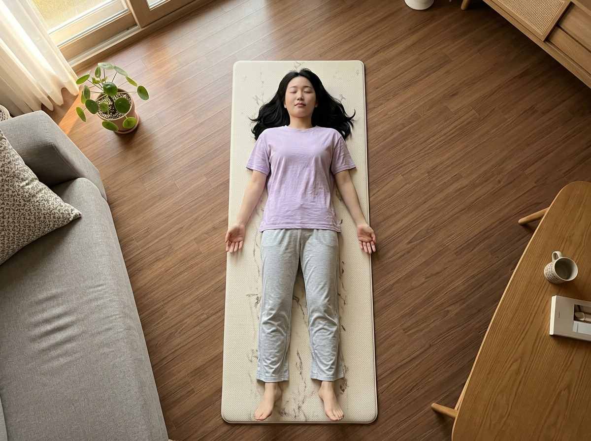 한국인 여성이 집에서 편안한 자세로 점진적 근육 이완법을 실천하는 모습