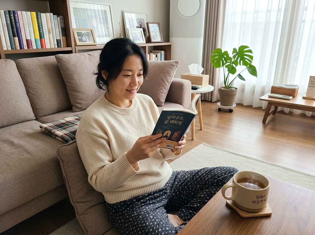 한국 가정집 거실에서 따뜻한 차와 함께 책을 읽으며 휴식을 취하고 있는 30대 여성