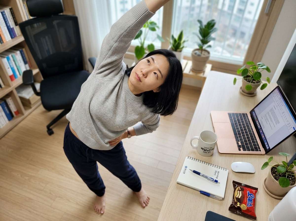 책상 옆에서 간단한 스트레칭을 하는 한국인 직장인