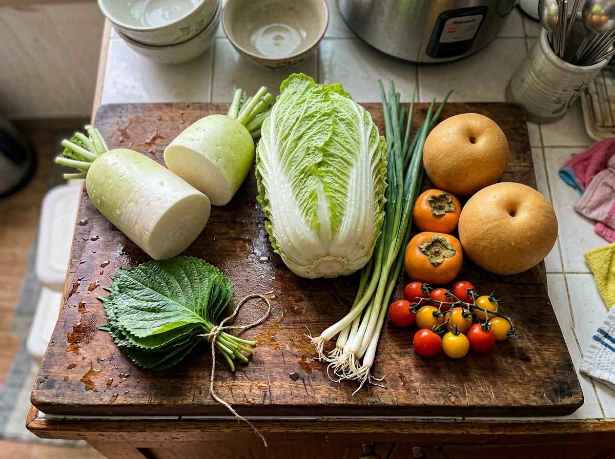 한국 가정집 주방에서 신선한 채소와 과일을 준비하는 모습