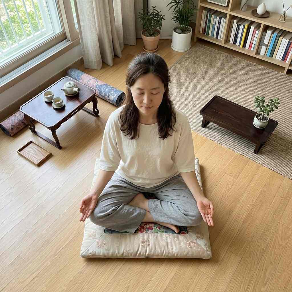 한국 거실에서 차분하게 명상을 하고 있는 40대 여성