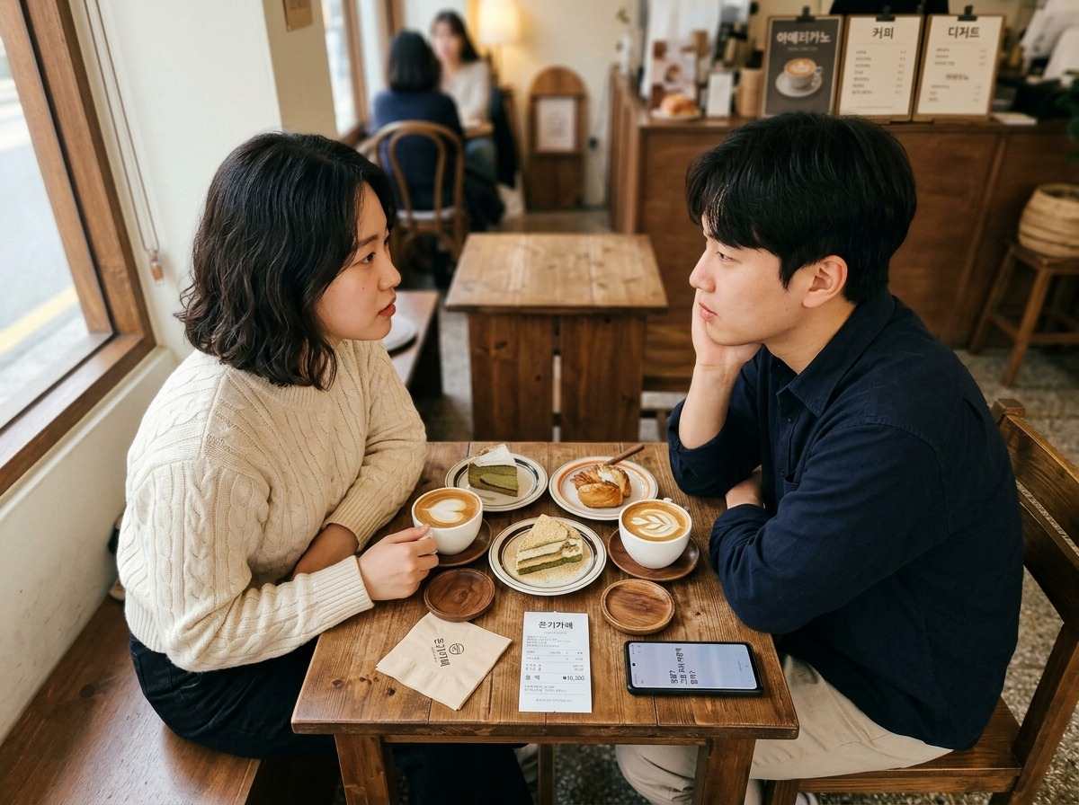 한국인이 카페에서 상대방의 눈을 맞추며 진지하게 대화하는 모습