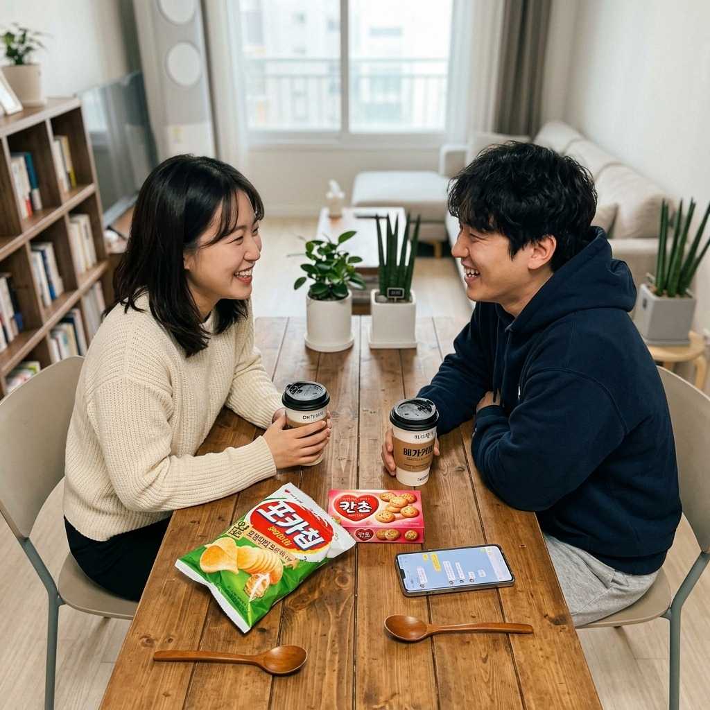 한국인 두 사람이 서로 마주보며 따뜻한 미소를 짓고 있는 모습