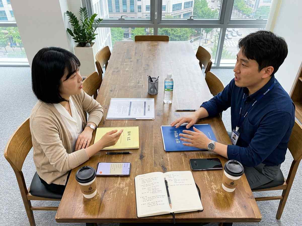 한국인 직장인 두 명이 회의실에서 서로의 의견을 경청하며 아이디어를 나누는 모습