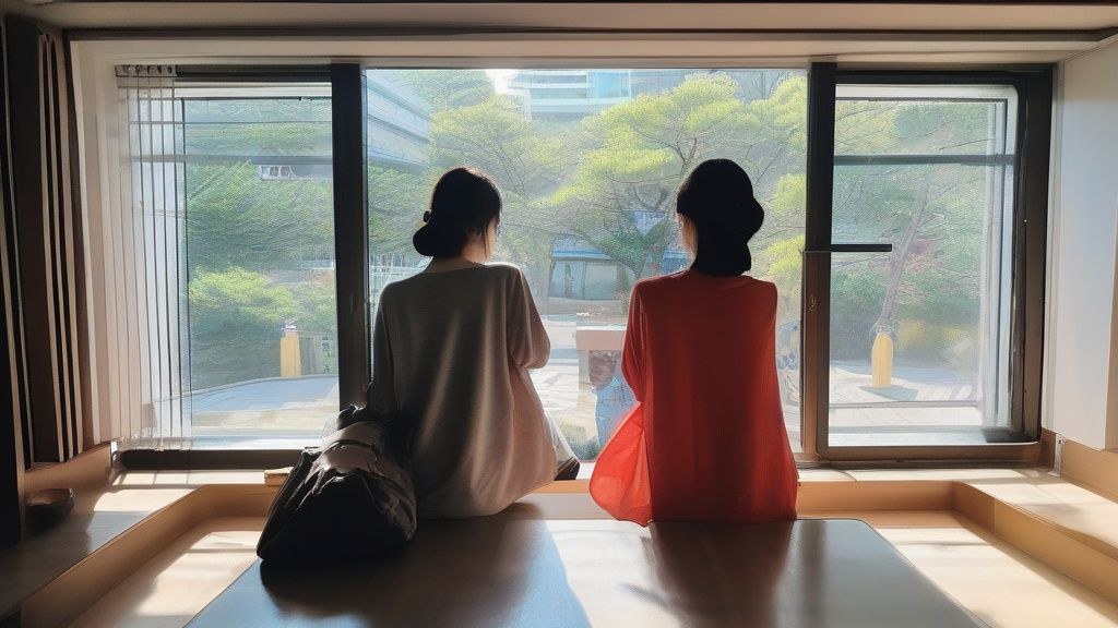 고요한 아침, 햇살이 비추는 창가에서 차분하게 명상하고 있는 한국인 여성