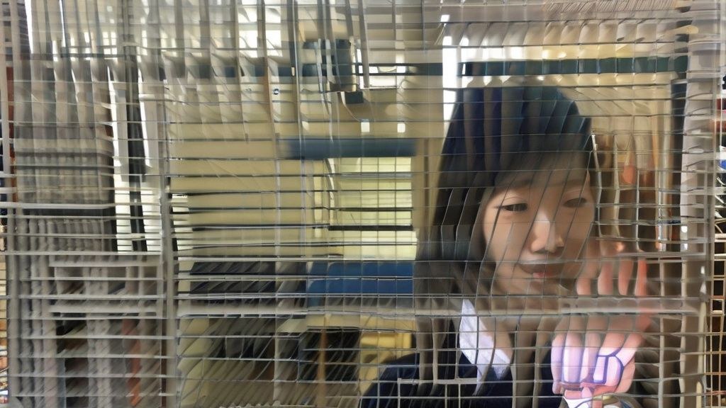 한국 전통 문양이 있는 방에서 차분한 표정의 한국인 여성이 무릎을 꿇고 앉아 눈을 감고 명상하는 모습. 주변에는 작은 화분과 은은한 조명이 있다.