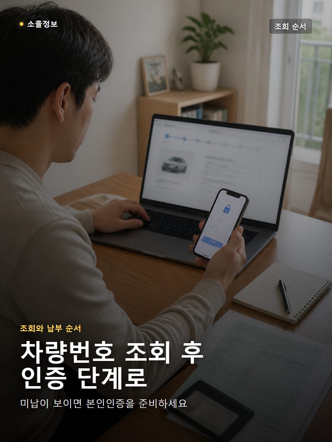 집 책상에서 차량번호 조회와 휴대폰 본인인증 납부 순서를 확인하는 모습