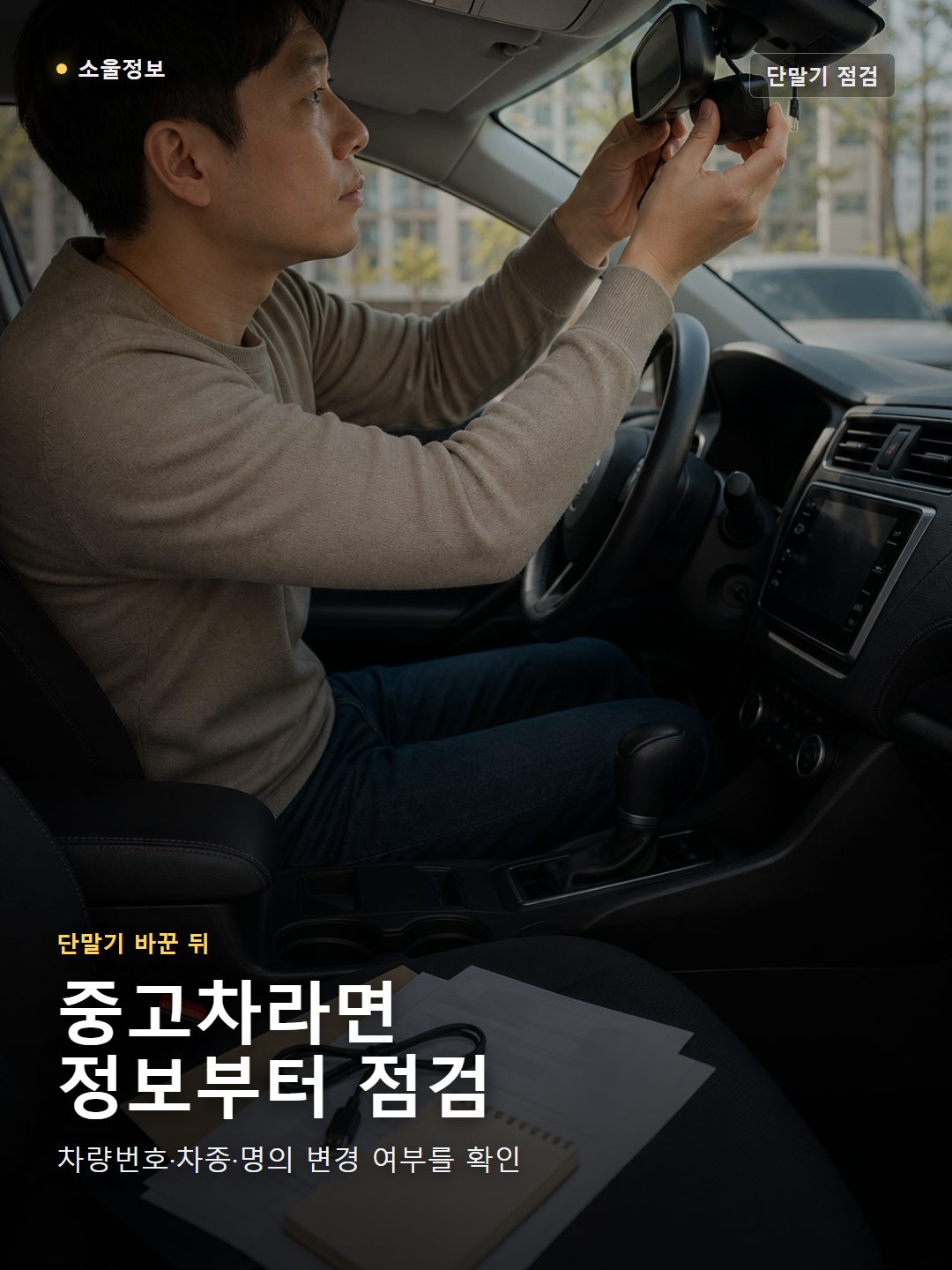중고차 운전석에서 하이패스 단말기와 차량 서류를 점검하는 운전자