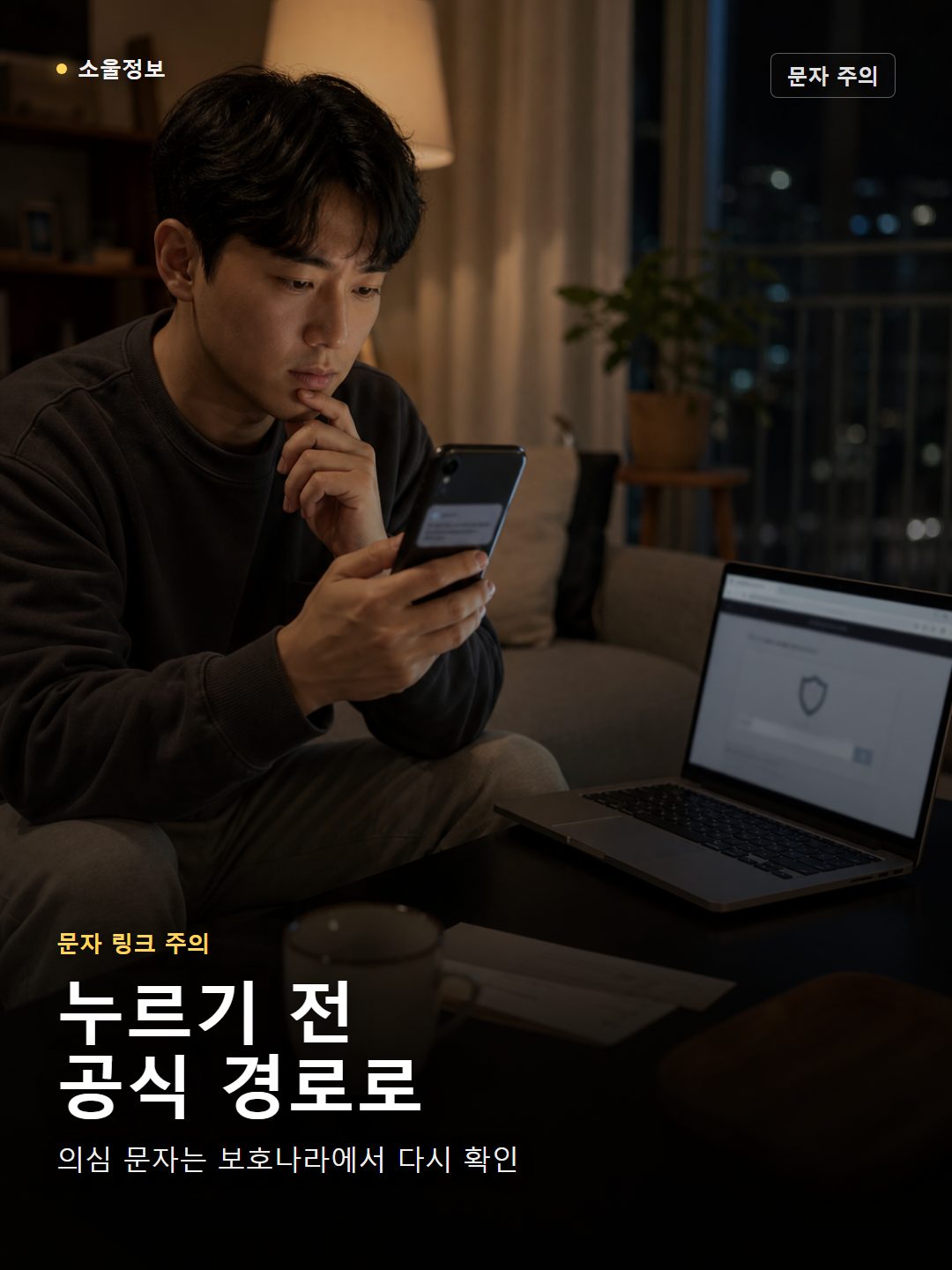 밤 거실에서 미납통행료 문자 링크를 누르기 전 공식 경로를 확인하는 운전자