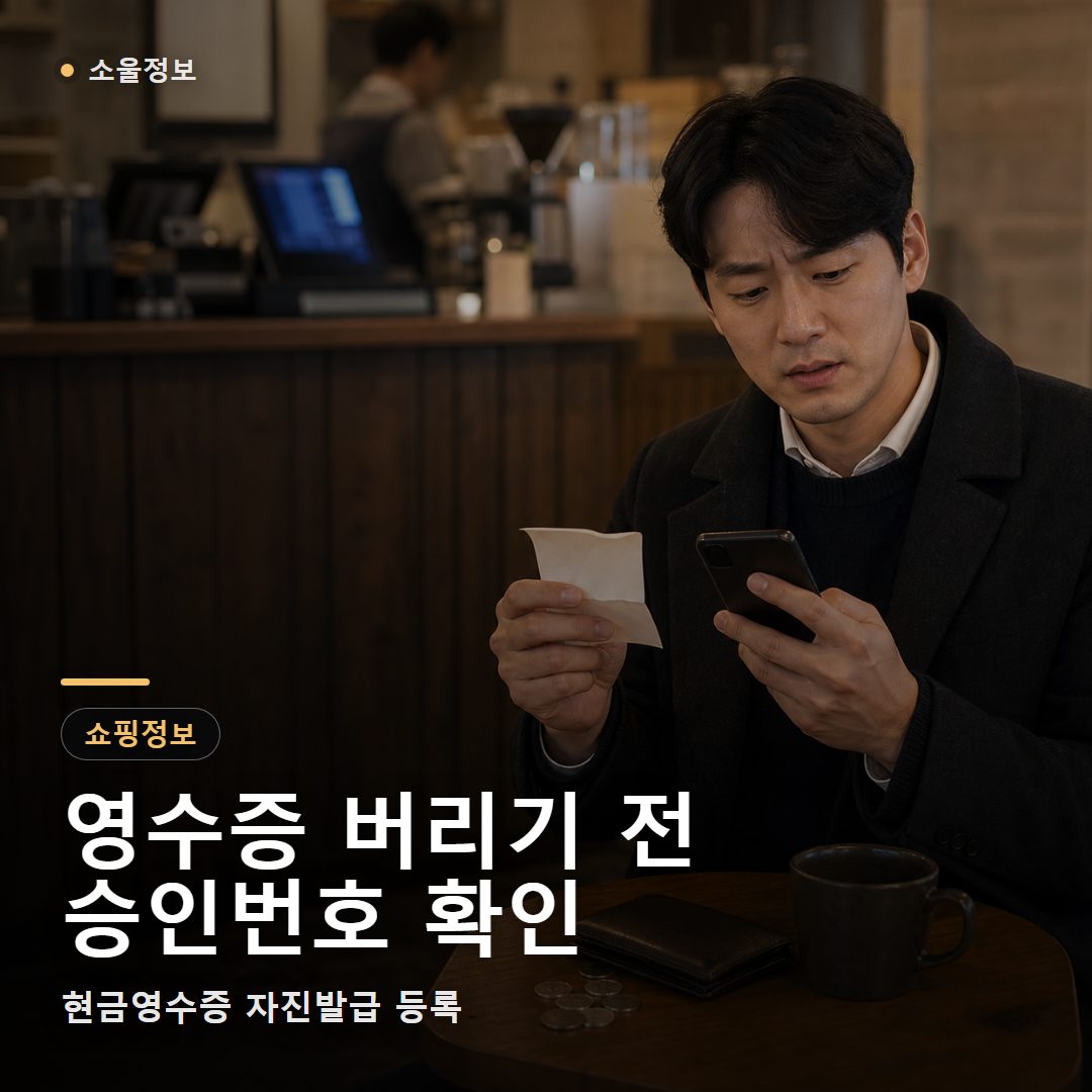카페에서 현금영수증 영수증을 보며 자진발급 등록 정보를 확인하는 직장인