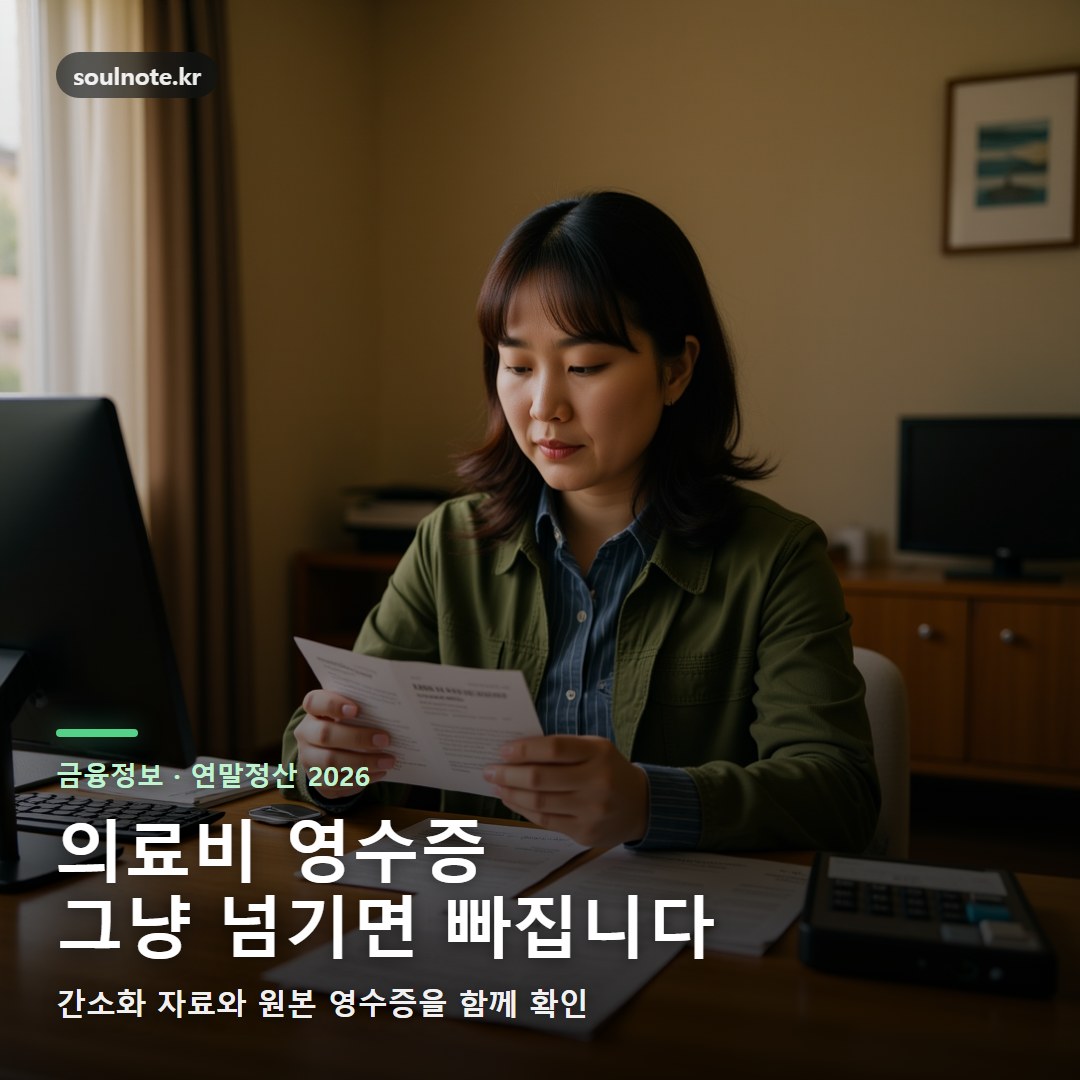 연말정산 의료비 공제 영수증을 집에서 노트북과 서류로 확인하는 한국 직장인