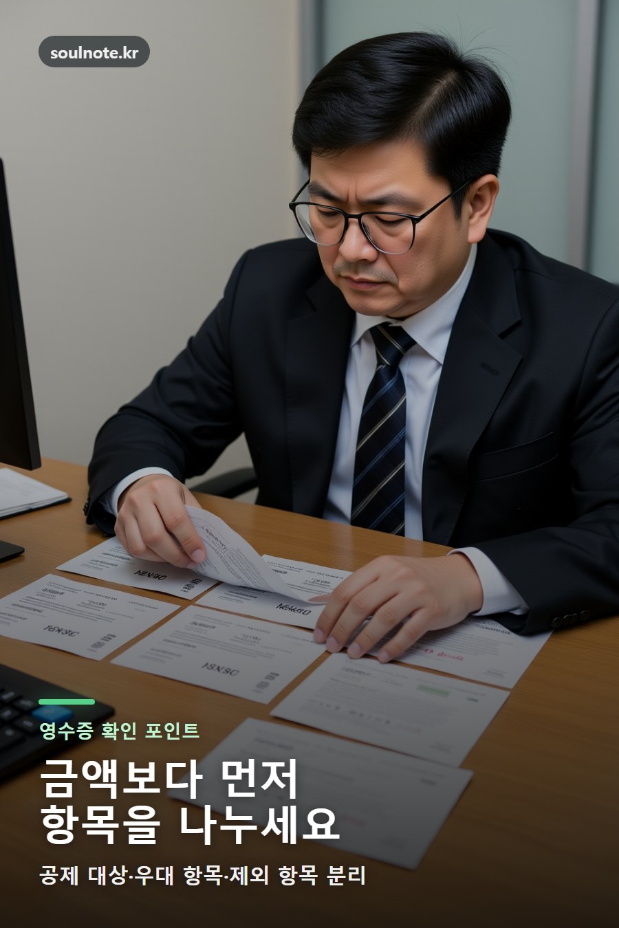 사무실에서 연말정산 의료비 공제 영수증 항목을 분류하는 한국 회계 담당자