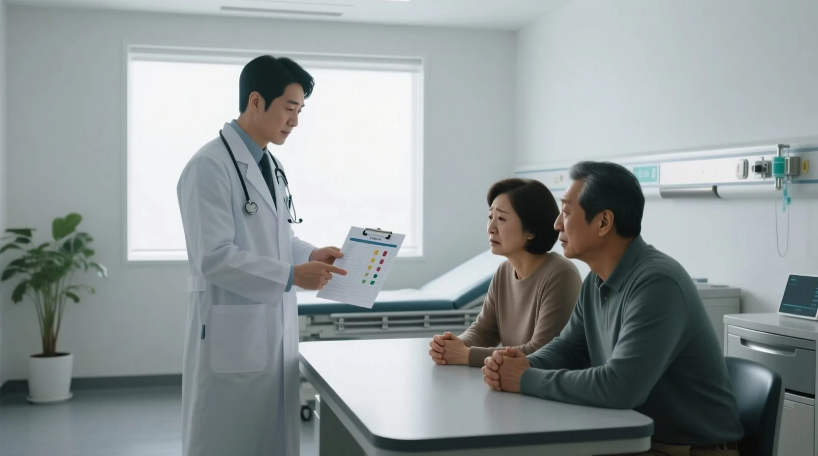 의료진이 신생아 선천성대사이상은 무엇인지, 검사가 왜 필요한지 부모에게 설명하고 상담하는 장면