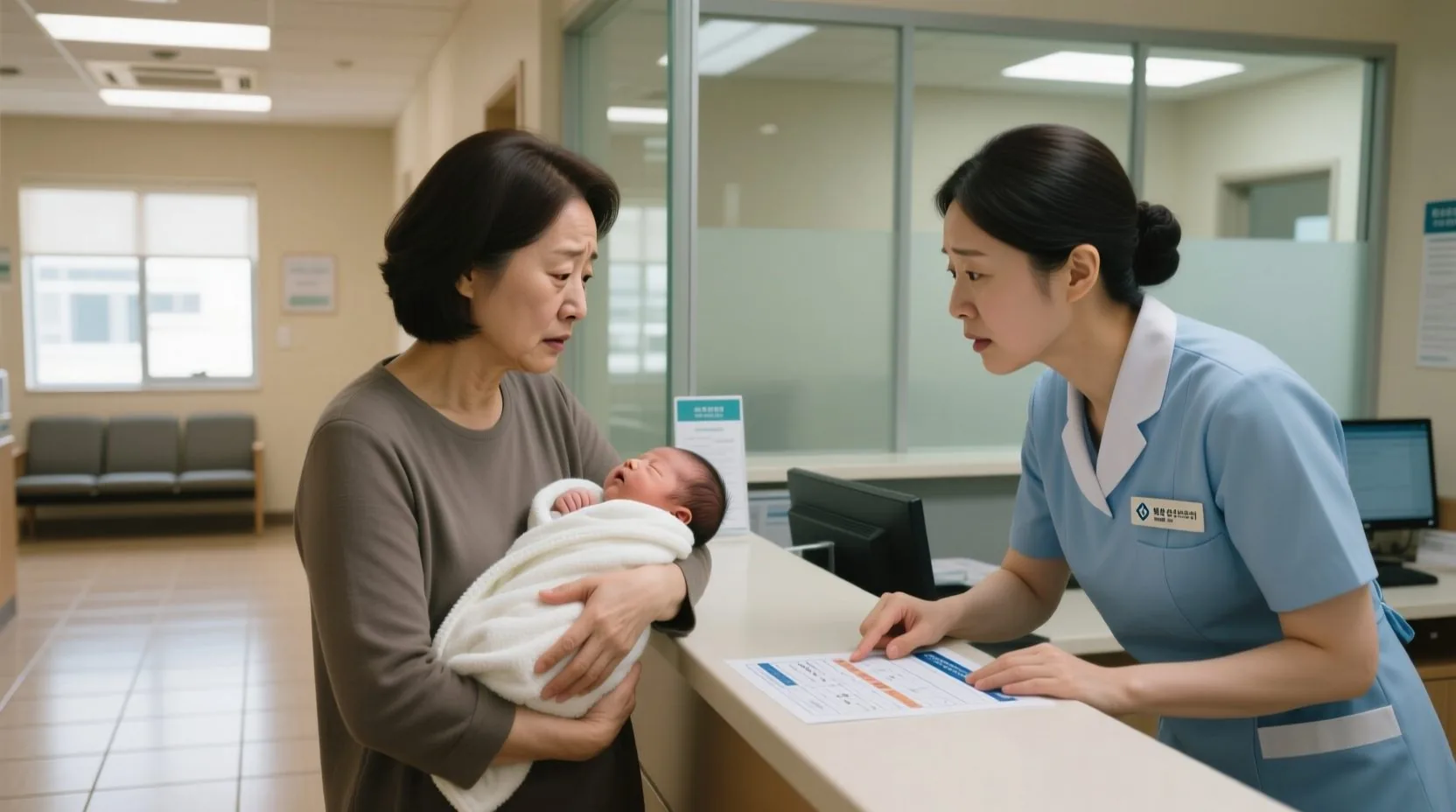 부모가 신생아를 안고 보건소 상담 창구에서 담당자와 환아관리 지원 신청에 대해 상담받는 장면