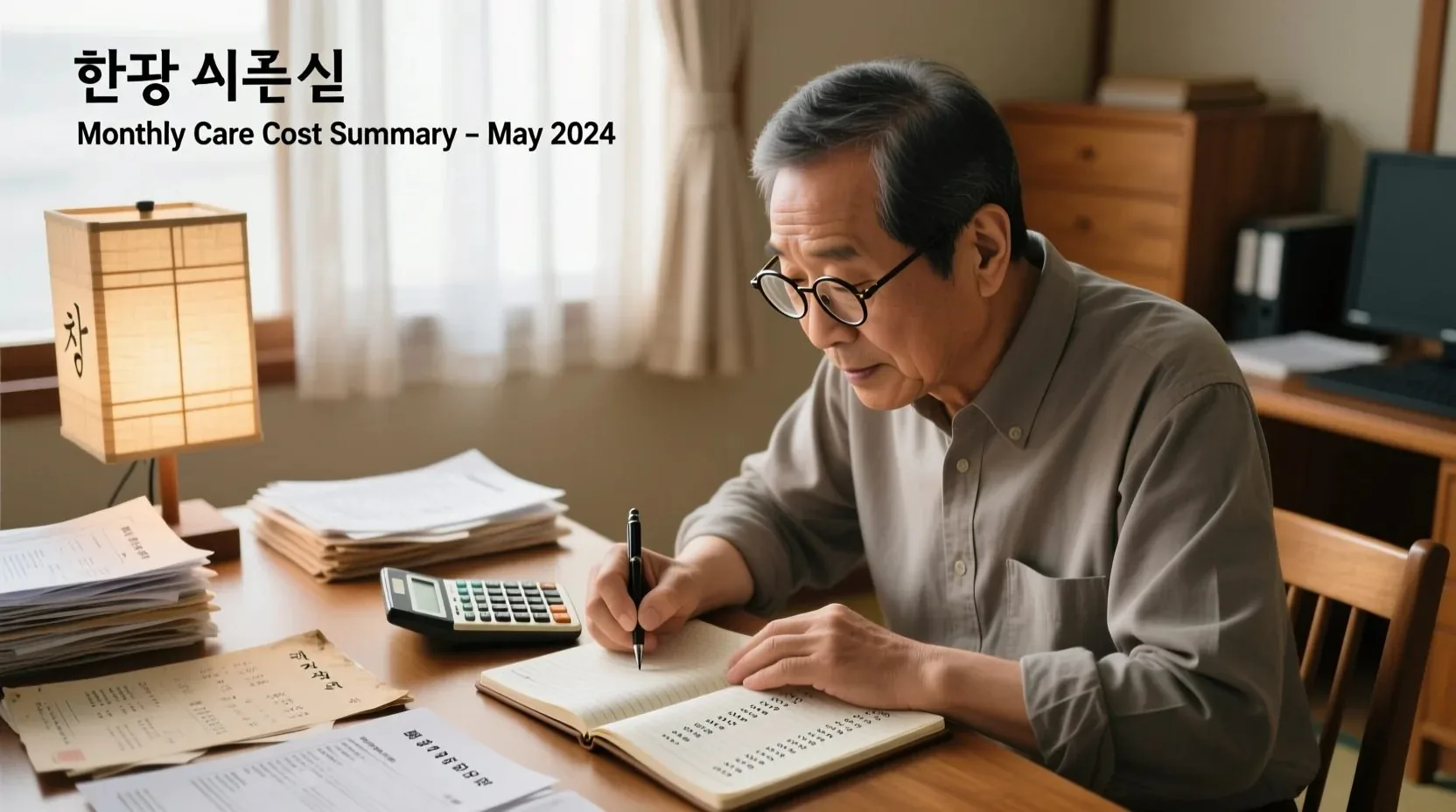 요양원 입소 비용을 종이에 기록하고 계산기를 들고 있는 장면