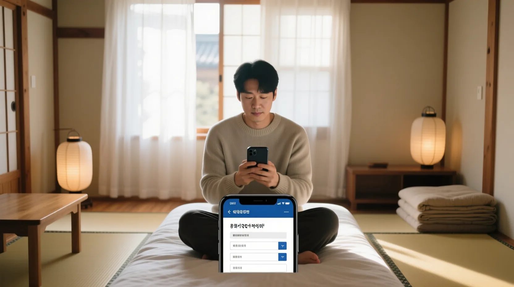 스포츠강좌이용권 신청 사이트를 스마트폰으로 확인하고 있는 사람