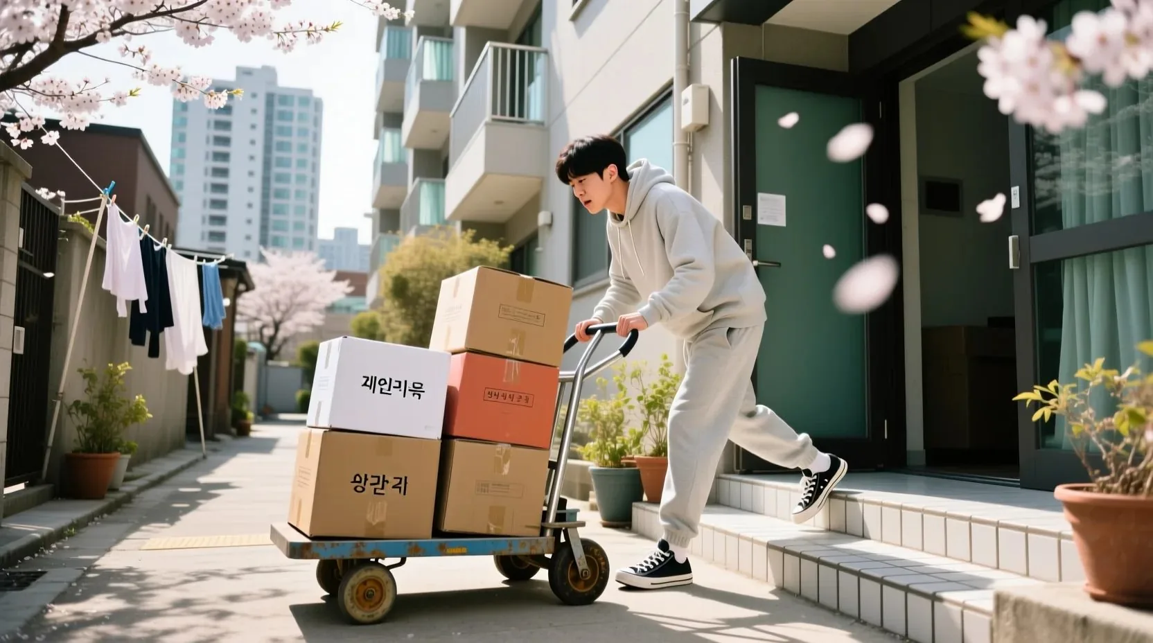 서울 아파트에 짐을 옮기는 청년 이사꾼