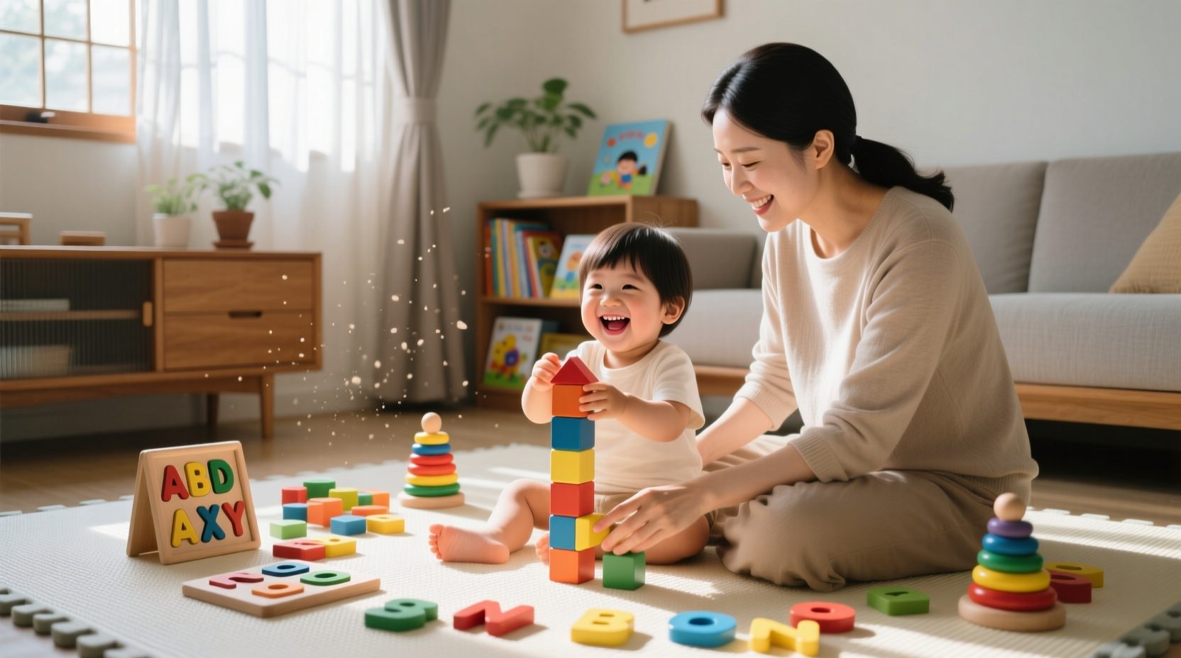 다양한 교재교구를 가지고 아이와 함께 놀이하는 가정 장면