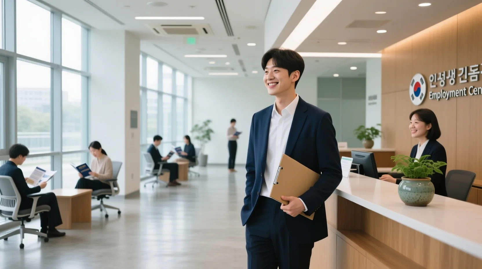 전남 고용센터에서 청년이 상담을 받는 밝고 활기찬 장면