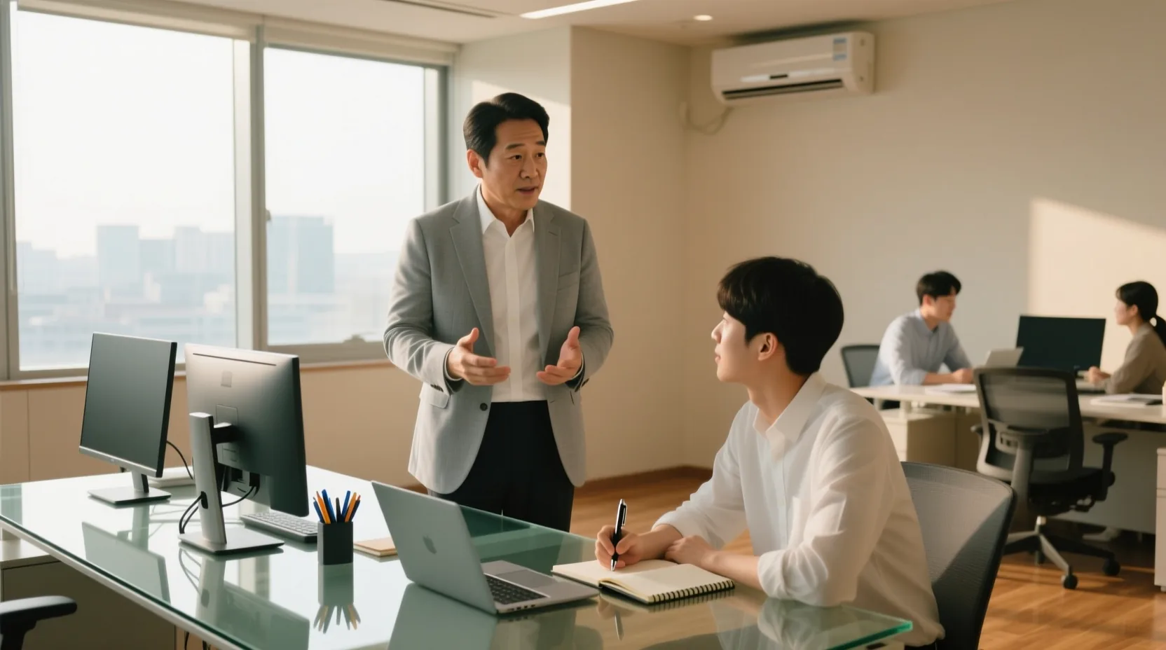 정책의 지원을 받는 중소기업에서 지원 대상 청년 신입 직원이 업무 교육을 받으며 관리자와 협력하는 모습