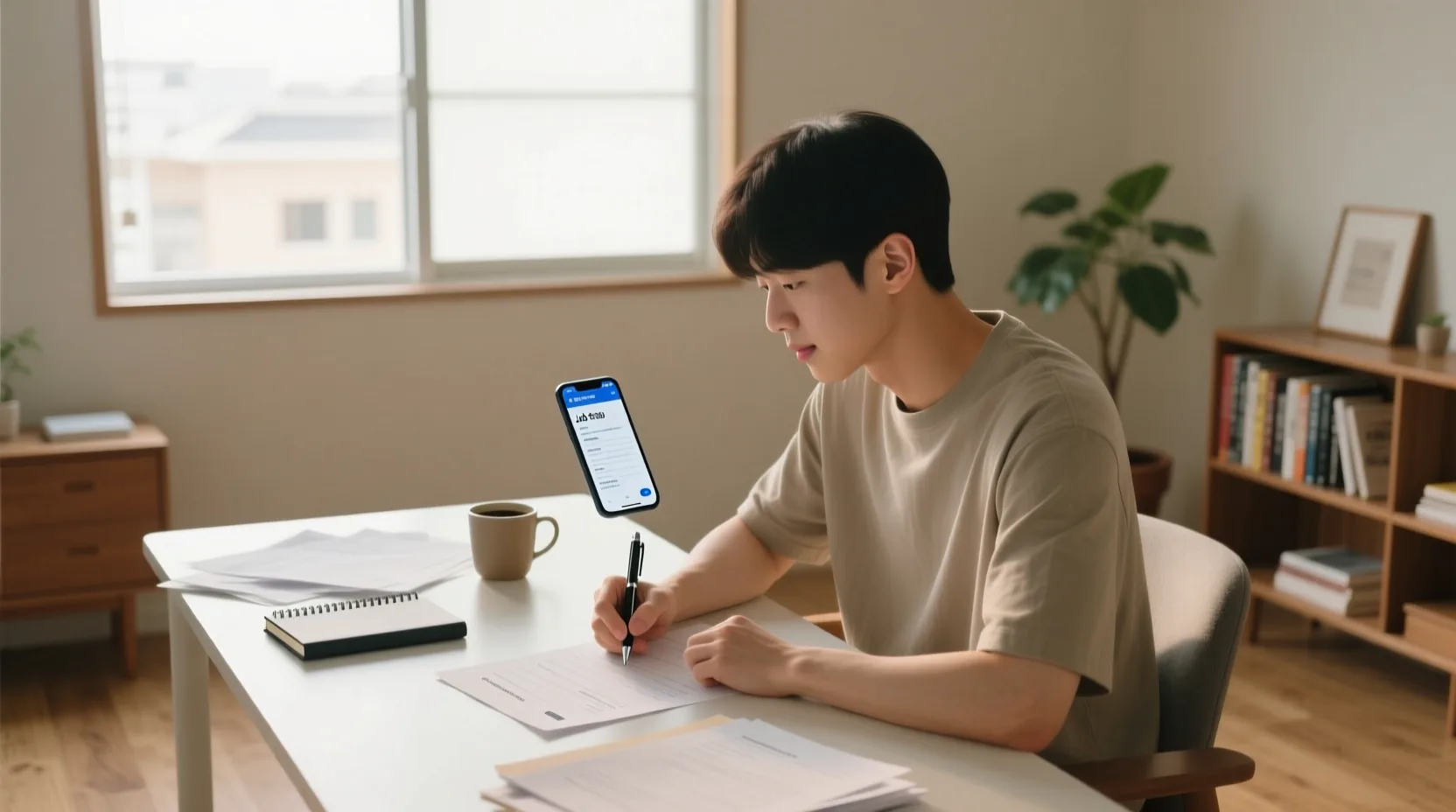 공고를 확인하며 신청서를 작성하는 청년의 스마트폰과 서류가 책상 위에 놓여 있는 모습